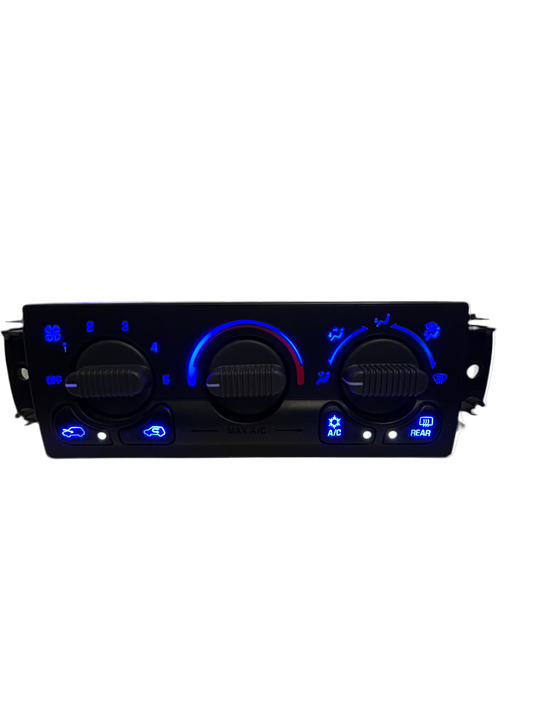 1999-2002 Silverado Sierra Tahoe Yukon Escalade Avalanche HAC Climate Control Switch Blue and white leds front view.